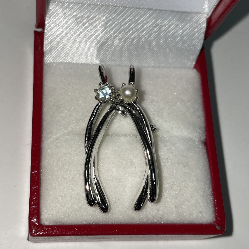 Vintage Silver Double Wishbone Blue Topaz Pearl Brooch Pin
